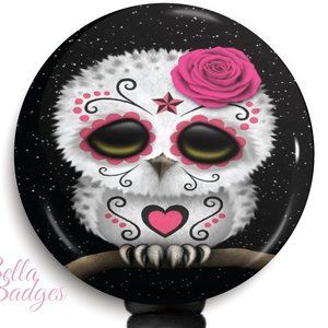 Sugar Skull Snow Owl Badge Reel